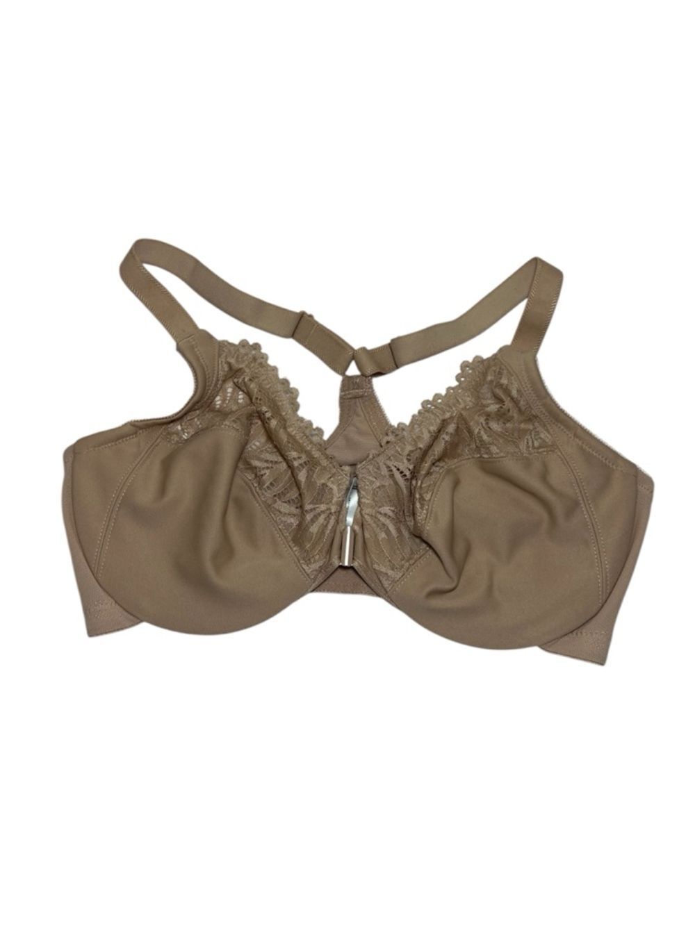 Glamorise unlined Lace-Trim Full Coverage Bra 34DD Taupe Front closure
